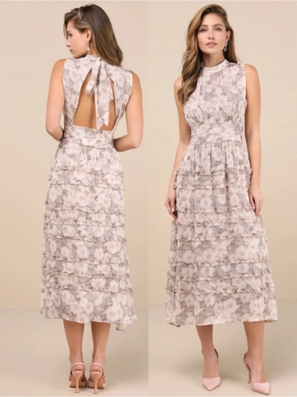 NWT Lulu’s Happily Sweet Beige Floral Mock Neck Backless Midi Dress Large Chic - Picture 1 of 10